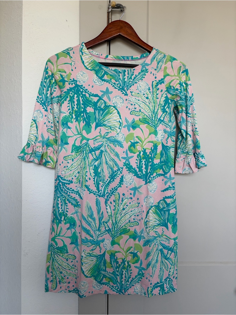 LILLY PULITZER SOPHIE PINK CORAL RUFFLE SLEEVE DRESS GIRLS XL